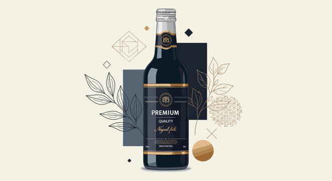 A premium dark bottle with a silver cap and gold label accents, surrounded by elegant abstract gold and dark blue geometric shapes and botanical line art.