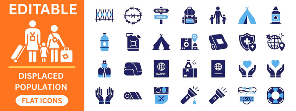 Displaced population and refugee assistance flat icons set. Humanitarian aid, border crossing, passport, tent, family, rescue, water, flashlight