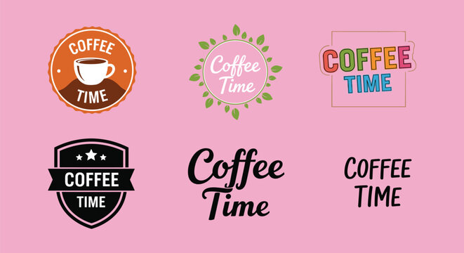 This image displays various colorful and creatively designed coffee themed logos and text graphics on a pink background high quality professional detailed modern