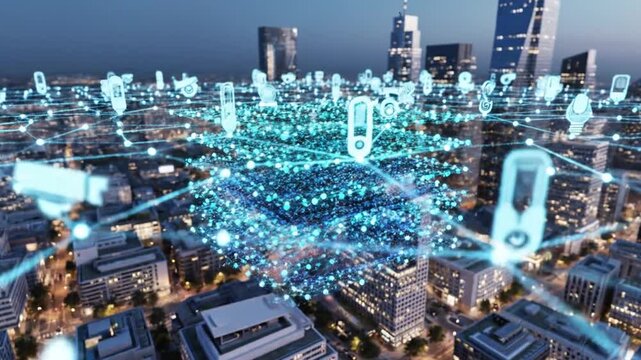 Smart City Digital Network Icon Set with Connected Urban Infrastructure