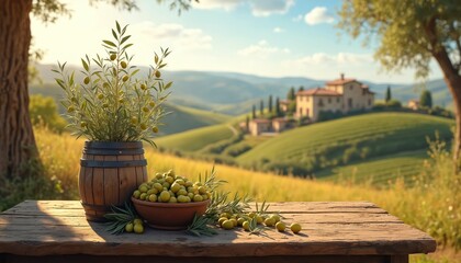 Fototapeta premium Wooden table with fresh olives and olive tree branch in rustic barrel. Tuscan hills with villas and vineyards under blue sky. Sunny day, agriculture harvest.