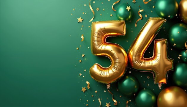 Golden number 54 balloons float among emerald green spheres and confetti. Festive scene for birthday anniversary or corporate event celebration, use space for text. High quality photo.