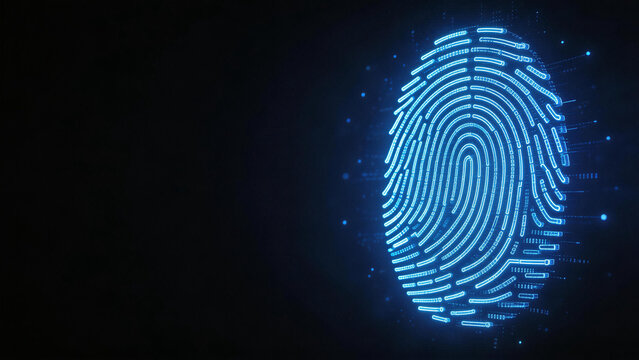 Glowing neon blue digital fingerprint made of data lines on dark background, biometric cybersecurity concept.