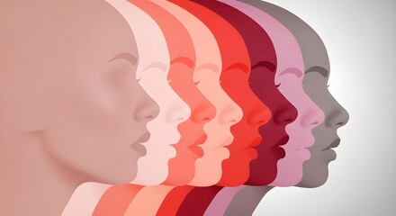 Happy Women’s Day Concept Illustration with Diverse Female Profiles in Gradient Red Tones, Symbolizing Empowerment, Equality, Diversity, and Feminism – Perfect for Social Media, Posters, Campaigns