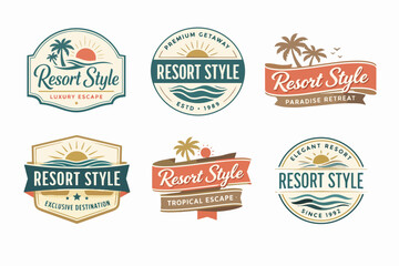 Obraz premium Vintage tropical resort style badges and emblems representing luxury escape, premium getaway, and paradise retreat for holidays