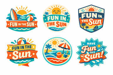 Naklejka premium Summer vacation and holiday fun in the sun emblems set. Tropical beach surfing activities labels