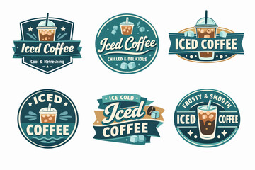 Obraz premium Set of various iced coffee emblems, labels, and badges illustrating cool and refreshing drinks for cafes and menus