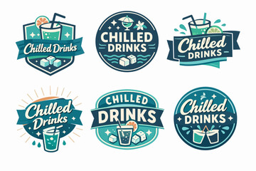 Fototapeta premium Chilled drinks creative labels set featuring refreshing beverages, ice, citrus, straws, and holiday elements design