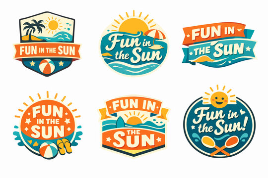 Collection of summer beach vacation emblems, badges, and logos with sun, waves, palm trees, and fun in the sun text