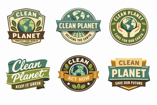 Collection of eco-friendly badges for a clean planet, promoting global environmental protection and sustainability