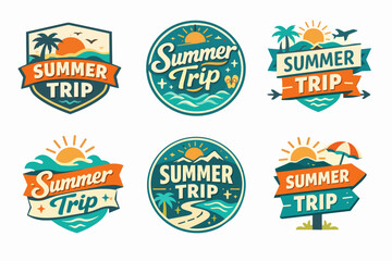 Obraz premium Six summer trip themed emblems displaying sunsets, palm trees, ocean waves, mountains, and roads, perfect for travel branding