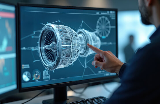 Engineer uses computer for jet engine 3D model. Man works on futuristic CAD program displaying aircraft part. Tech professional plans mechanical design on screen.