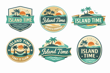 Island time vintage badges collection featuring tropical island scenes with palm trees and sunset for summer vacation