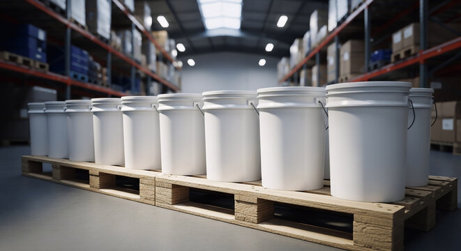 A row of white 5 gallon pail containers neatly arranged on wooden pallets in a brightly lit warehouse storage facility with shelves filled with goods in the background.