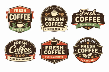 Obraz premium Six fresh coffee labels collection with retro design elements, badges for cafe, espresso, and brewed drinks