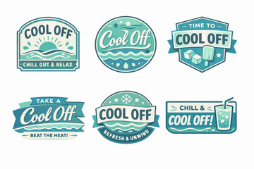 Obraz premium Cool off summer labels and badges collection with ice, sun, waves, and refreshing drink in teal colors
