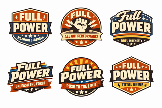 Full power badges set with vintage emblems, strong motivation, maximum performance, and total drive
