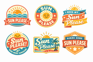 Obraz premium Sun please concept badges collection. Vintage style summer labels with happy suns, ocean waves, and palm trees