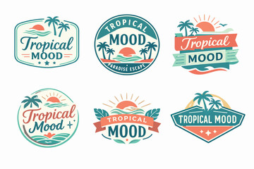 Fototapeta premium Tropical mood logo collection with beach, sun, waves, and palm trees for summer vacation and travel branding
