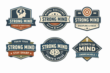 Fototapeta premium Collection of strong mind concept emblems featuring brain, lightning, and stars, representing mental training, focus, and strength