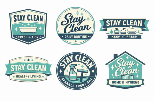 Collection of stay clean badges and labels in vintage style, promoting hygiene, daily routines, and healthy living concepts