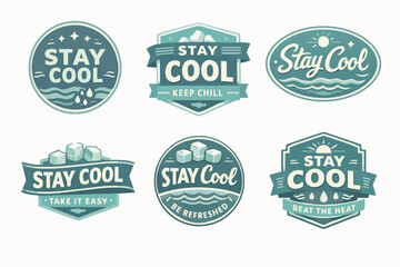 Obraz premium Staying cool concept with a set of trendy badges, labels, and stickers for summer refreshment and heat relief