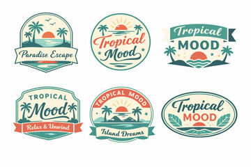 Fototapeta premium Retro tropical mood badges set illustrating various summer vacation concepts with palm trees, sunsets, ocean, and text