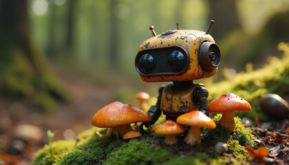 Obraz premium Small rusty robot torso with big eyes sits in green moss forest. Vibrant orange mushrooms grow around. Nature reclaims old tech creating surreal surreal tranquil scene.