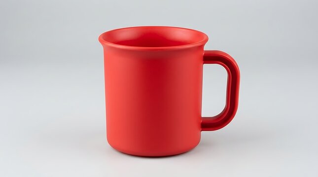 Red plastic mug with handle on gray background