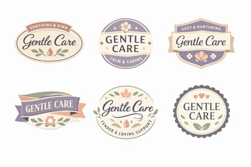 Obraz premium Gentle care badge set featuring organic, natural, and wellness branding designs with soothing botanical elements