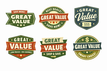 Obraz premium Collection of great value badges, labels, and promotional stickers in vintage-inspired design for sales and marketing