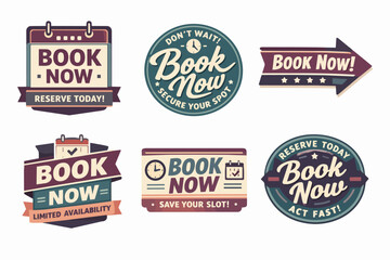 Obraz premium Book now labels and badges promoting reservation, appointment, and limited availability for online business, events, and services