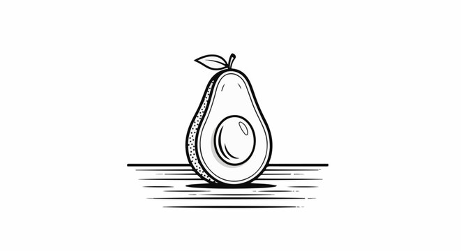 A simple black and white illustration of a halved avocado with a leaf