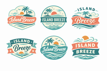 Naklejka premium Island breeze badge designs featuring palm trees, sun, and waves, evoking a tropical island vacation concept