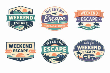 Obraz premium Collection of vintage-style badges and logos for weekend getaways, outdoor travel, and summer vacation adventures