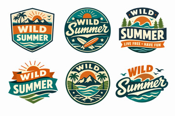 Naklejka premium Wild summer vintage badges set for travel adventure and nature tourism, featuring mountains, palm trees, sun, surfboards, and waves