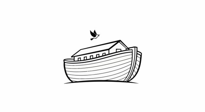 A simple line drawing depicts Noah's Ark with a bird flying above