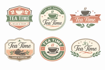 Obraz premium Vintage tea time emblem set with cups, teapots, and text, creating a relaxing hot beverage drink brand identity