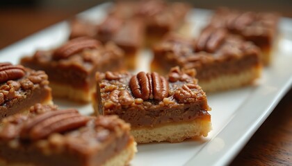 Fototapeta premium Sweet pecan pie bars arranged on a white platter. Each square slice has a nutty caramel topping and a shortbread crust. Perfect for dessert or a holiday treat.