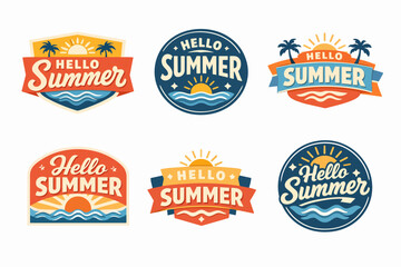 Fototapeta premium Collection of hello summer vacation badges with sunshine, ocean waves, and palm trees, symbolizing travel and warm weather holidays