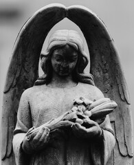 Fototapeta premium Angel statue placing flowers on grave, symbolizing human death, farewell, grief, and deep compassion in a quiet emotional and respectful composition.
