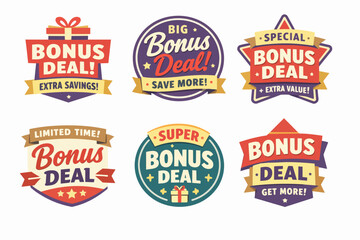 Obraz premium Bonus deal promotion badges collection for retail marketing, offering discount, special savings, and extra value to customers