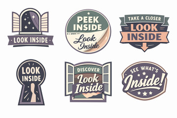 Fototapeta premium Collection of look inside badges featuring windows and a keyhole, symbolizing discovery, curiosity, and access to new information