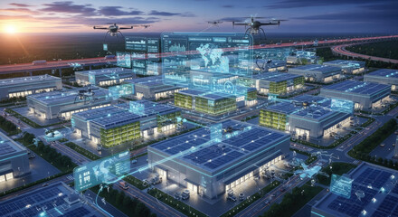 Fototapeta premium Futuristic cityscape with holographic displays and flying drones at dusk.