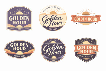 Fototapeta premium Golden hour sunset badges collection creating vintage typography emblems for evening light and dusk moments