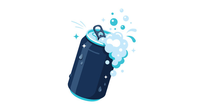 Opened Soda Can with Fizzy Foam Splash Flat Vector Illustration