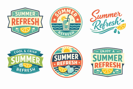 Collection of retro summer refresh badges and emblems featuring citrus, ice, and cold beverages, promoting seasonal freshness