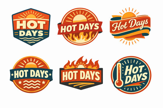 Hot days summer heat badges collection highlighting sun, flames, and high temperatures for season labels