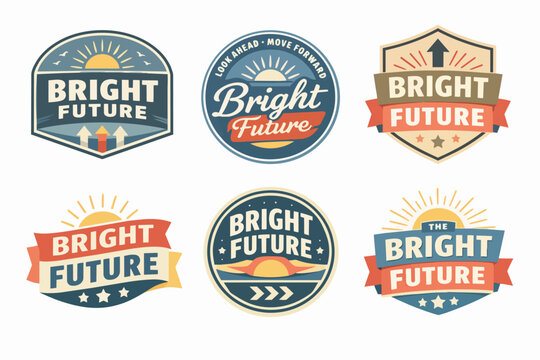 Collection of bright future badges, emblems and logos symbolizing optimism, motivation, success, and growth with sun and arrows