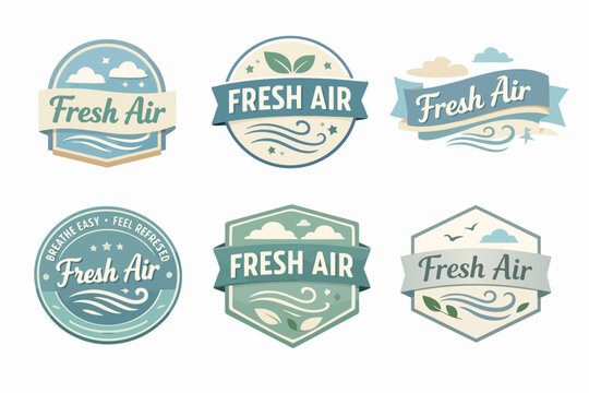Set of fresh air themed labels with clouds, leaves, and wind elements, ideal for eco-friendly product branding